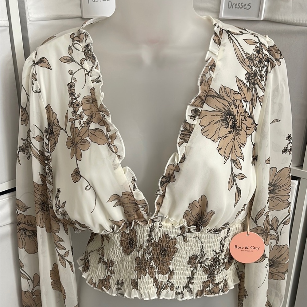 Rose and grey Floral Print Women's Top - Cream and Brown